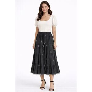 Palme Black Cotton Tiered Maxi Skirt Women Embroidered Tassel S - F020